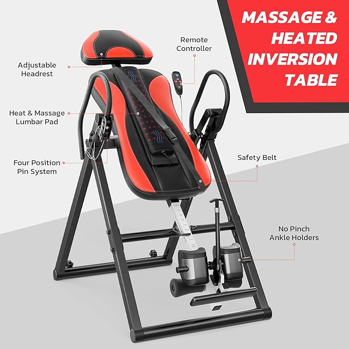 YOLEO Inversion Table Massage & Heat Inversion Table 2025 New Inversion Table for Back Pain Relief Equipment w/Remote Control, Reversible Ankle Holders, Heavy Duty up to 320lbs