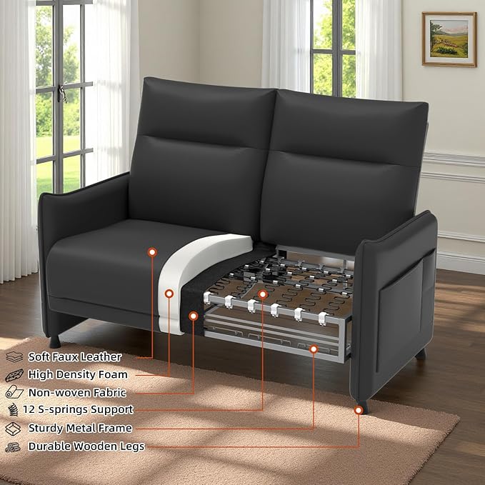 Faux Leather Loveseat, Upholstered Loveseat with Hidden Foldable Tray & Side Pocket, Front Contour Arm Design, Modern 2-Seater Sofa Couch for Compact Spaces, Black