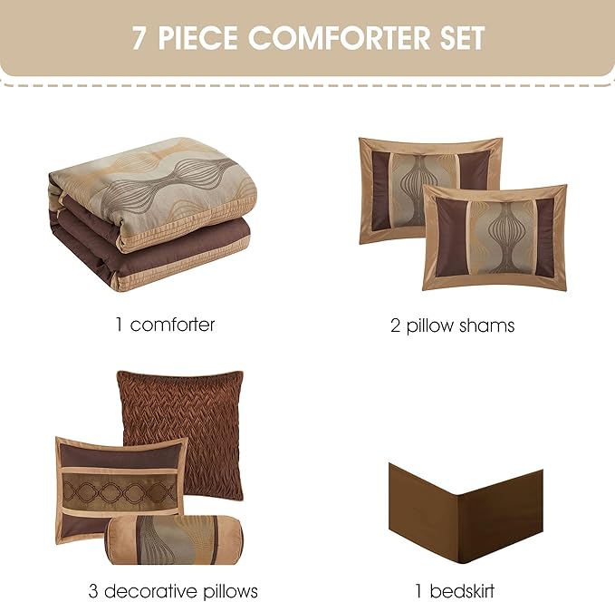 Grand Avenue Elagant Jacquard Brown Comforter Set, Size California King, 7 Piece Bed in a Bag, Striped Bedding Set All Season, Matching Decorative Pillows, Pillow Sham & Bed Skirt