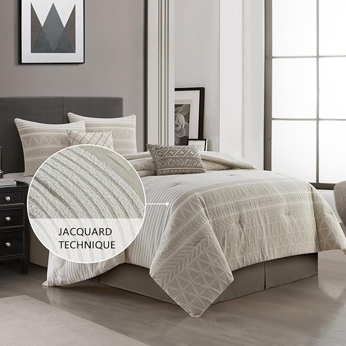 Grand Avenue Cotton California King Size Comforter Set, 6 Piece, Beige Geometric Jacquard Bedding Set, Bedskirt, Pillows & Shams, Home Decor