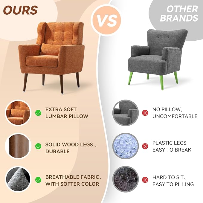 QKFF Accent Chair Set of 2, Upholstered Armchair with Pillow, Fabric Single Sofa Chair with Lounge Seat and Wood Legs Accent Chair for Living Room Small Spaces (Orange, Set of 2)