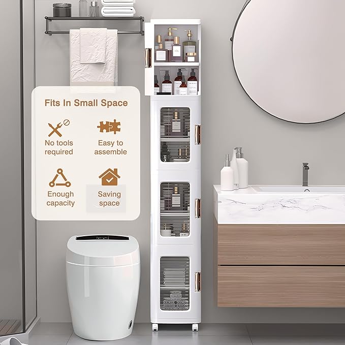VECELO 4-Tier Tall Narrow Storage Cabinet with Movable Wheels, Adjustable Shelves, Anti-Tip, Slim, for Small Space, Bathroom, Kitchen, Laundry, White | 4-Tier, Movable Wheels, Adjustable Shelves, Magnetic Doors, Slim