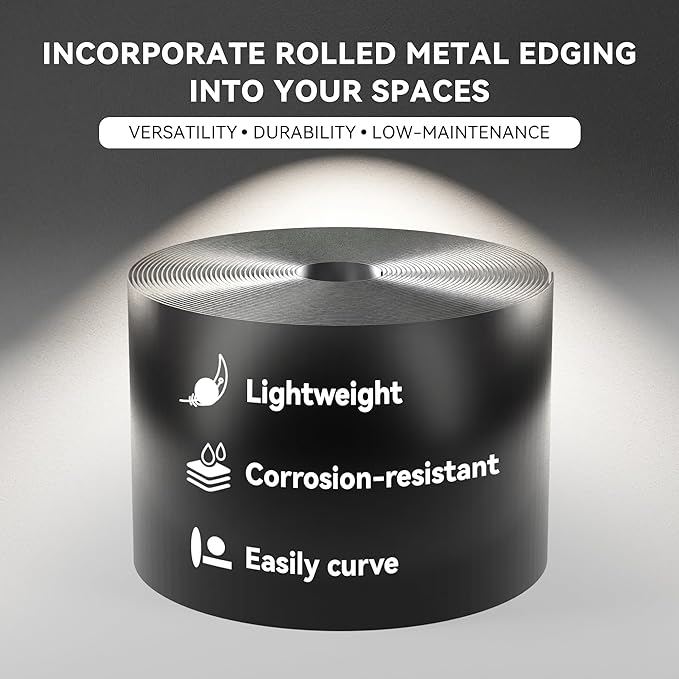 Worth Galvanized Steel Landscape Edging 8" x25' Metal Garden Edging Roll Flexible Bender Border with 8Pcs Stakes for Lawn, Flower Bed Edges, Black