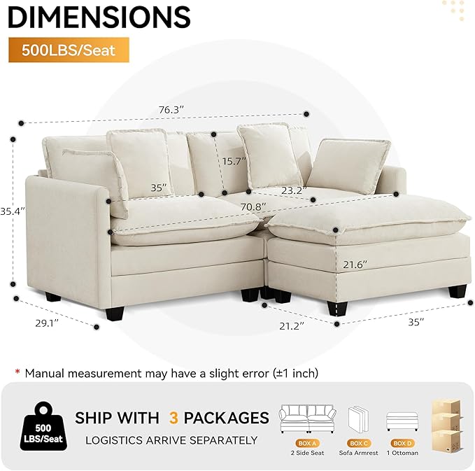 76'' Cloud Deep Seat Loveseat Sofa, Chenille Modular 2-Seat Sectional Couch with Movable Ottoman, Modern Comfy Settee Couches for Living Room & Small Apartment, Beige