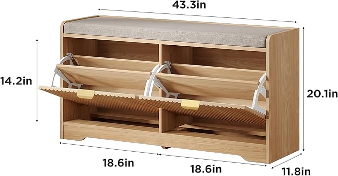 Maupvit Fluted Shoe Bench with Storage, Narrow Wooden Entryway Bench with Removable Cushion & 2 Flip-Drawers, Shoe Cabinet Bench, Farmhouse Boho Shoe Rack for Entrance, Hallway, Living Room (Natural)