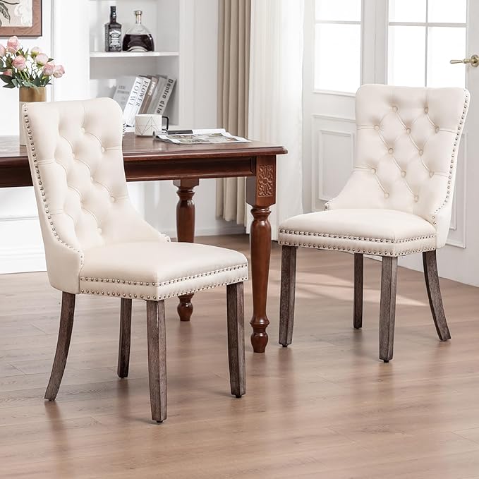 Kiztir Velvet Dining Chair Set of 2, Modern Kitchen Chairs with Nailhead Trim, 2 Pieces Upholstered Dining Room Chairs for Living Room, Bedroom (Beige)
