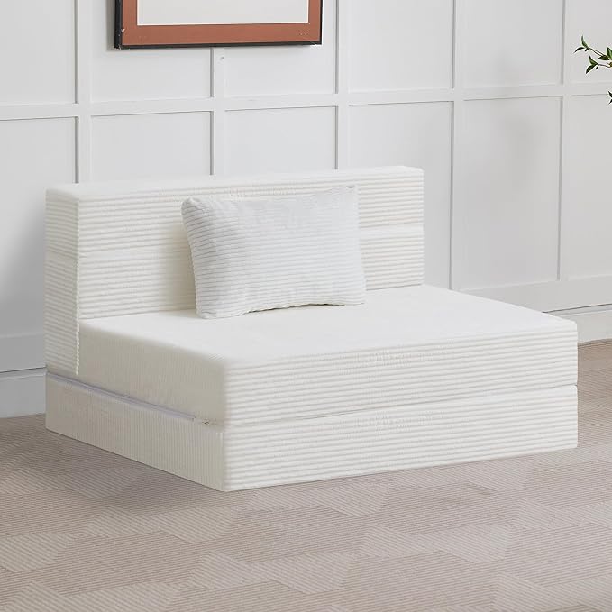 Folding Sofa Bed Convertible Floor Couch Foldable Chair Bed with Pillow，Linen Sleeper Chair Futon,Foldable Memory Foam Mattress for Bedroom/Living Room/Dorm/Office (Corduroy White, Standard)