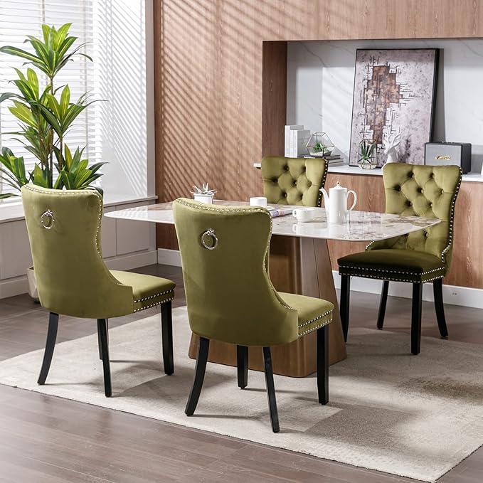 YeahFurn Olive Mid Century Modern Dining Chairs Set of 6, Velvet Upholstered Kitchen & Dining Room Chairs with Nailhead Trim & Solid Wood Legs, Elegant Sillas De Comedor (Olive, 6 Pcs)
