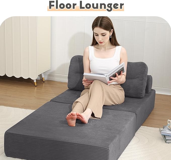 MeMoreCool Folding Sofa Bed Single – Convertible Sleeper Chair & Fold-Out Floor Lounge, Dark Grey Corded Fabric, Includes Headrest & Lumbar Pillow