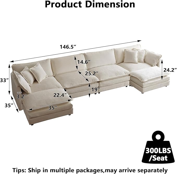 Aoowow Modular Sectional Sofa Modern Convertible U Shaped Couch,147.2 Inch Deep 4-Seater Sofas Set Comfy Chenille Cloud Sofas and Couches with Movable Ottoman for Living Room Apartment（Light Coffee）