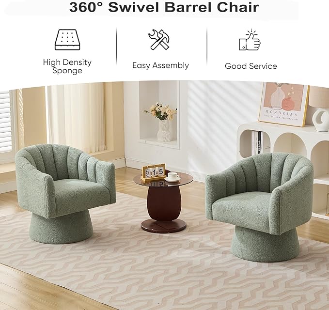 SEYNAR Swivel Accent Chair,Upholstered Teddy 360° Swivel Barrel Chair for Living Room Overstuffed Bouncle Reading Chair Round Armchair for Bedroom,Vanity,Office-Green