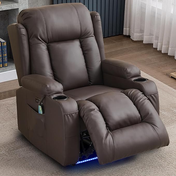 URRED Recliner Chair with Massage and Heat, Power Reclining Sofa Chair Home Theater Seating with LED Ambient Light, USB Ports, Cup Holders, Side Pockets, Faux Leather, Dark Brown