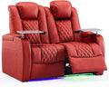 Weilianda Home Theater Seating Top Grain Leather Zero Gravity Recliner Chair Power Headrest Recline Movie Seat Gaming 7 Colors Mood Light Sofa with Tray Table USB Charge Row of 2 Loveseat Red