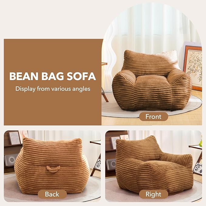 Giant Bean Bag Chair for Adults, Corduroy Upholstered Beanbag Chair with Side Pocket, Comfy Bean Bag Sofa with Portable Handle, Floor Sofa Chair for Bedroom (Brown)