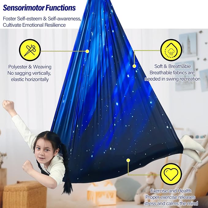 Sensory Swing for Kids Holds up to 300lbs Indoor & Outdoor Therapy Cuddle Swing with Hammock Hooks Hanger Kit for Calming, Effect for Autism, ADHD or SPD. (Space Blue)