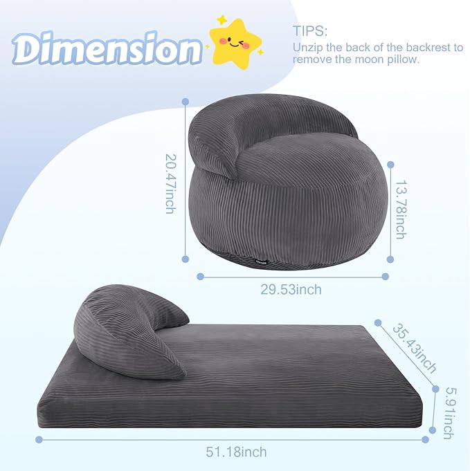 COMAX Bean Bag Chair for Kids, Convertible Toddler Beanbag Bed Corduroy, Children Bean Chair Stuffed to Floor Mattress with Filler, Grey