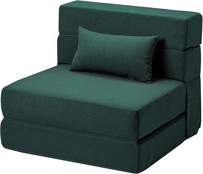 Folding Sofa Bed with Pillow- Convertible Chair Floor Couch & Sleeping Mattress, Foldable Memory Foam Sleeper for Living Room/Dorm/Guest Room/Home Office/Apartment/Loft, Single28, Dark Green