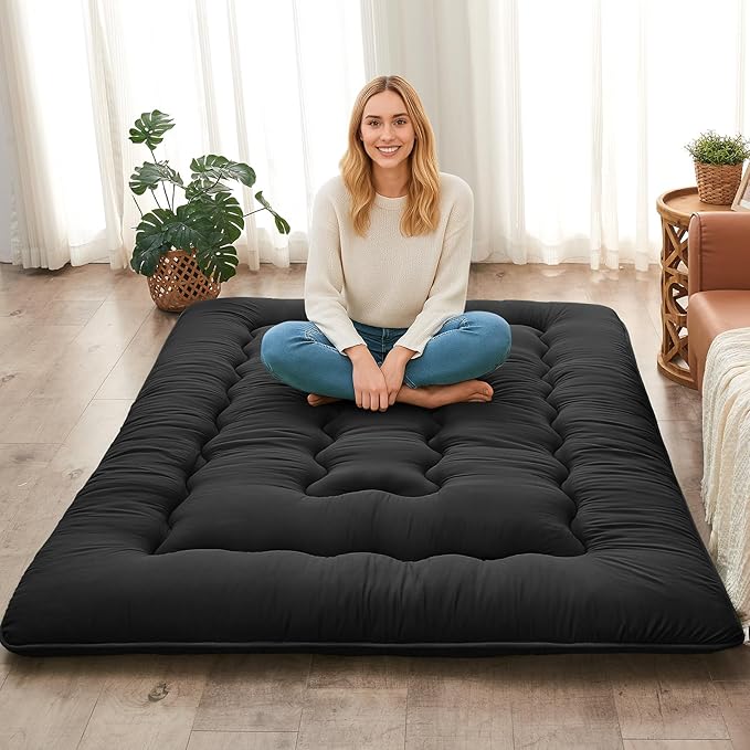 DAICO Japanese Floor Mattress, 4'' Thicken Futon Mattress Tatami Mat, Sleeping Pad Foldable Roll Up Mat for Camping and Guest Room, Queen Size 60''*80'', Black