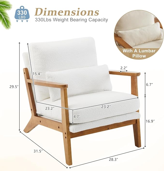 VINGLI Solid Wood Wide Armrests Accent Chair Set of 2,Upholstered Mid Century Modern Chair with Pillow,Farmhouse Arm Chair Comfy Reading Chair,Chairs Living Room,Bedroom,Guest Room,Teddy Fleece,White
