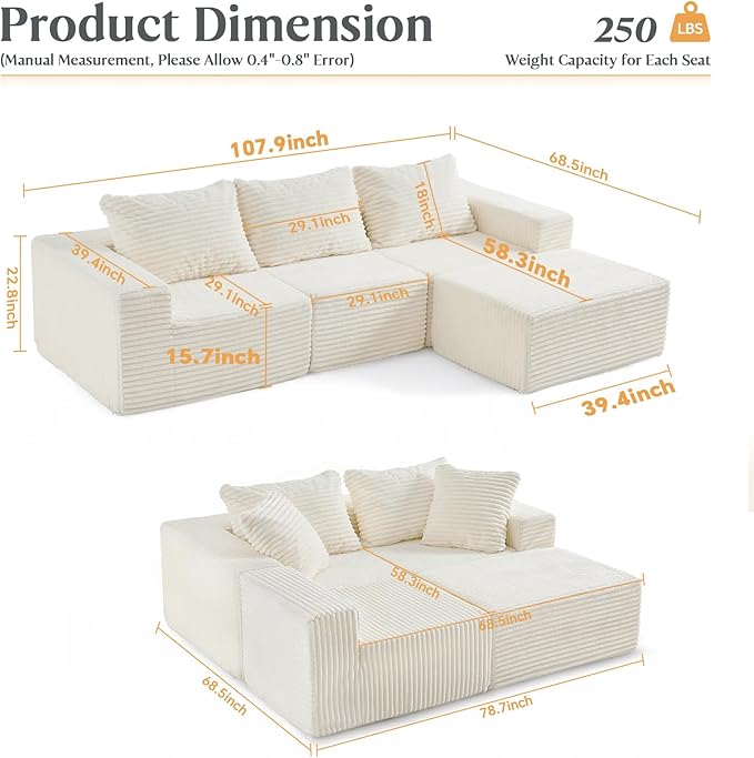 MODNEST 108" Modular Sectional Sofa Cloud Couch with Deep Seats, L Shape Couch with Movable Ottoman and Chaise, Sectional Couches for Living Room, Boneless Couches No Assembly Required, Beige