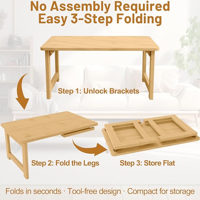 OETPJM Japanese Floor Table, Bamboo Folding Coffee Table, Portable Solid Wood Japanese Tatami Tea Table Table, No Assembly Japanese Dining Table for Sitting on The Floor, Easy Storage (Natural)