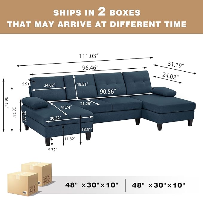 Chireca 111" Sectional Couch for Living Room, Modern Polyester Fibre U Shaped Sofa Couches with Double Chaise, Upholstered 4 Seater Sofa for Living Room, Apartment, Office, Blue