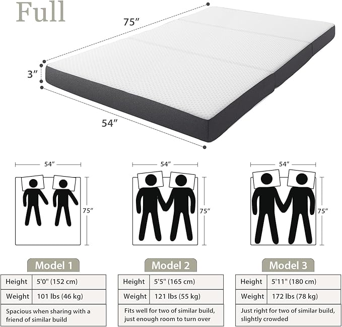 Tri Fold Memory Foam Foldable Mattress Full, 3 inch Folding Mattress for Guest Sleep. Portable Trifold Mat with Removable Washable Cover, Floor Sleeping Mat for Adult and Kid
