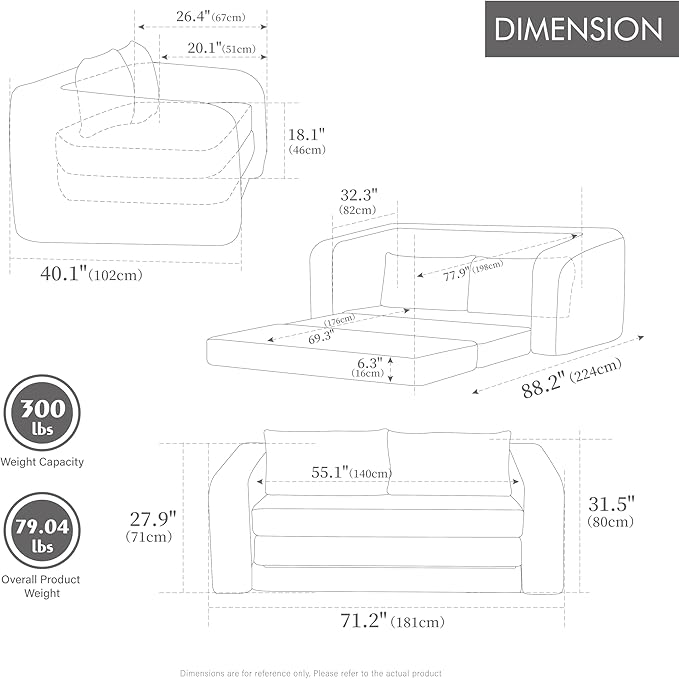 71" Foldable Sofa Bed, Chenille Loveseat with Armrest and Backrest Pillows, Convertible Boneless Couch, Modern Floor Couches for Living Room, Guestroom and Apartment