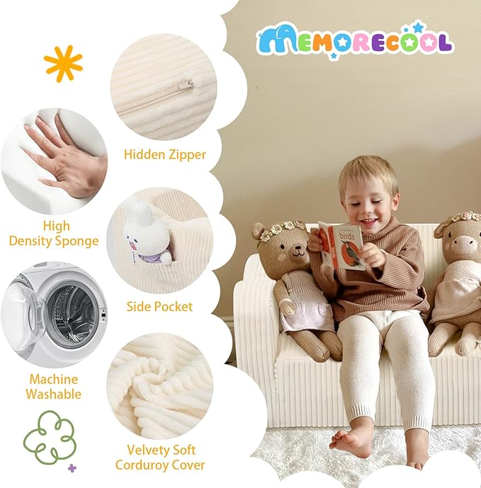 MeMoreCool Toddler Chair 2‑in‑1 Foldable Kids Couch Bed, Beige (Ages 1‑3) – Corduroy Lounge Chair That Pulls Out into Sofa‑Bed | High‑Density Foam, Machine‑Washable Cover for Little Ones