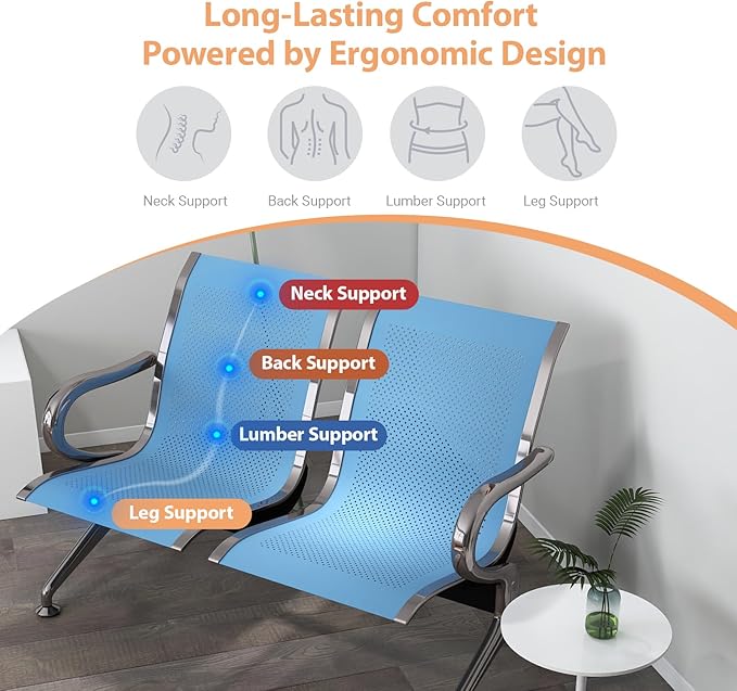 Kinfant 2-Seat Waiting Room Chair - Office Guest Reception Chairs with Ergonomic Backrests, Airport Waiting Bench with Armrests, Metal Waiting Furniture for Hospital, Bank, Salon, Blue