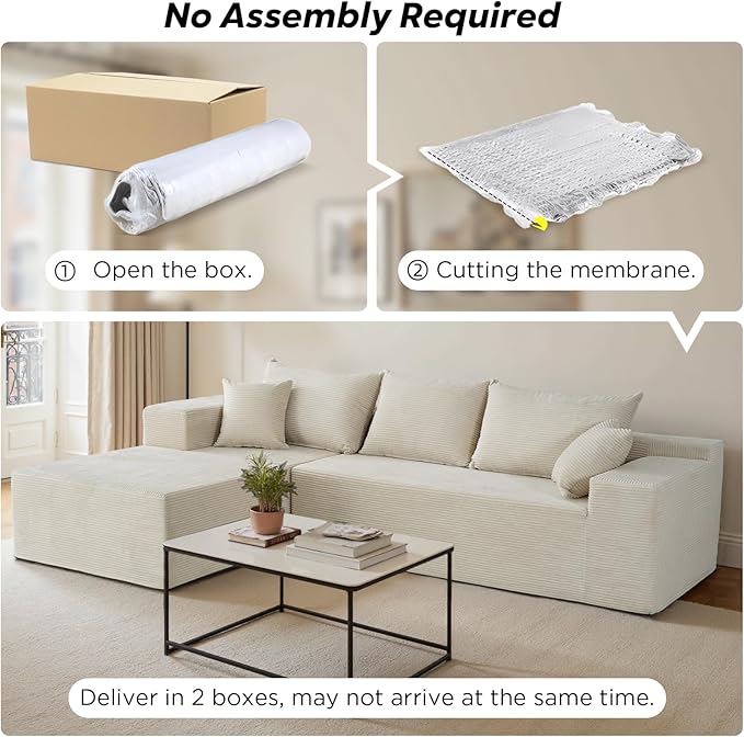 Sectional Cloud Boneless Couch for Living Room Bedroom, Comfy Modern L Shaped Modular Sofa with Left Facing Chaise, Deep Seat Memory Foam Couch in Box, No Assembly (Fine Striped Corduroy, Beige)