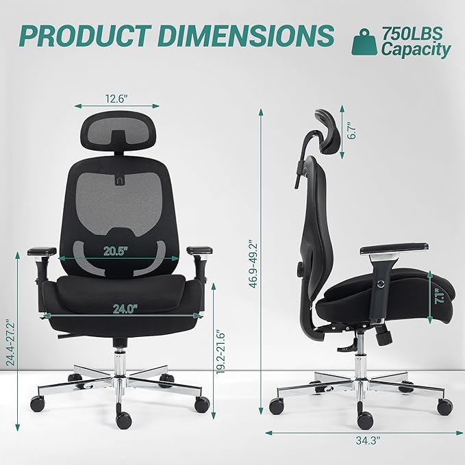 750 LBS Big and Tall Office Chair, Heavy Duty Executive Chair w/4D Arms, Ergonomic Computer Home Desk Chair, Swivel Mesh Chair w/2D Lumbar Support, Adjustable Headrest, Tilt Lock-Black