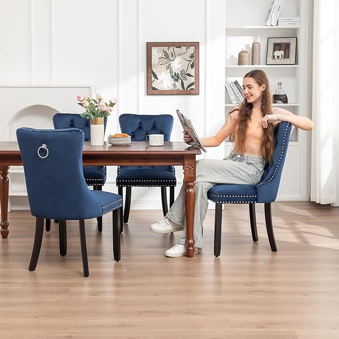 Kiztir Velvet Dining Chairs Set of 4, Upholstered Dining Chair with Nailhead Trim and Solid Wood Legs, Navy Luxury Wingback Dining Side Chair for Living Room, Bedroom, Kitchen (Blue)