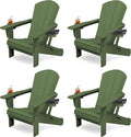 KINGYES Folding Adirondack Chair Set of 4, Dual Cup Holders & All-Weather HDPE, Wood-Like Patio Chair for Backyard, Camping, Pool & Fire Pit, Avocado Green