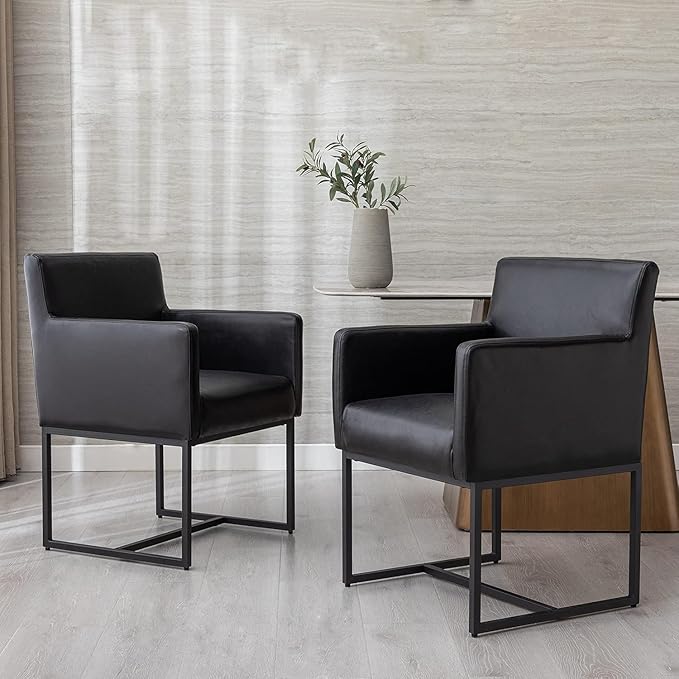 BESTANO Upholstered Dining Chairs with Arms Set of 2 PU Leather Mid Century Modern Accent Chairs Armchairs with Gold Metal Frame, Modern Kitchen & Dining Room Chairs, Black