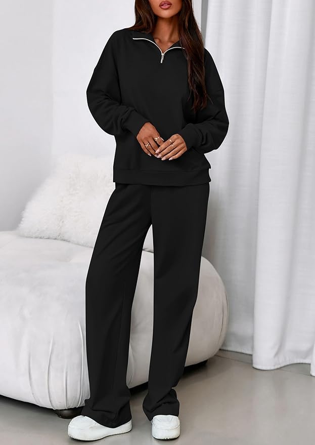PRETTYGARDEN Womens Casual Two Piece Sets Fall 2026 Outfits Quarter Zip Sweatshirts Straight Leg Pants Sweatsuits Tracksuit