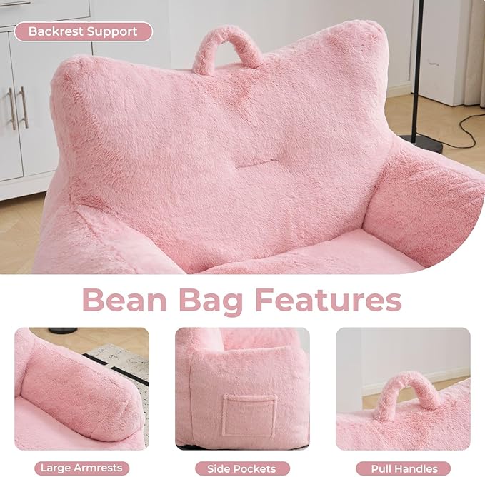 Giant Bean Bag Chair for Adults, Oversized Bean Bag with Filling Plush Fluffy,BeanBag Lazy Sofa Couch with Armrest for Living Room, Cat Shaped Beanbag Couch with Sidepocket for Bedroom,Pink