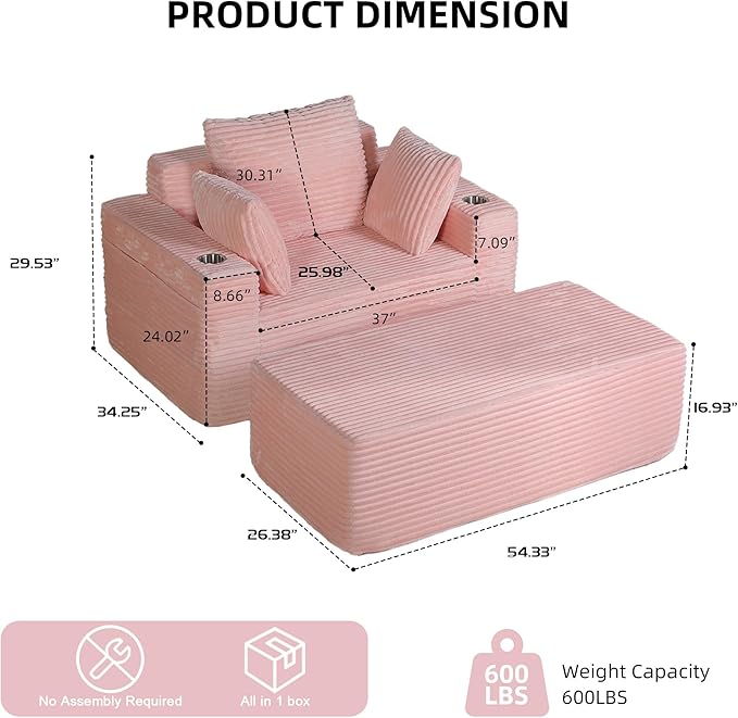 54" W Oversized Chaise Lounge Chair Indoor, Boneless Chaise Lounge Couch, Convertible Comfy Reading Chairs, Corduroy Sleeper Chair Couches for Living Room, Compression Sofa with Ottoman, Pink
