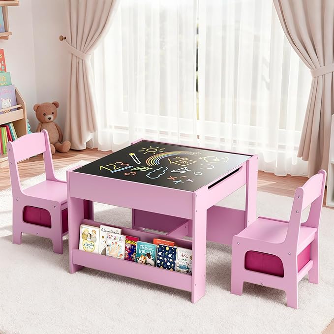 Arlopu Kids Table and Chairs Set, 4 in 1 Toddler Art Desk with Storage Drawer, Wooden Activity Deskboard, Blackboard, Reversible & Detachable Tabletop, Bookshelf for Drawing, Reading (Pink)