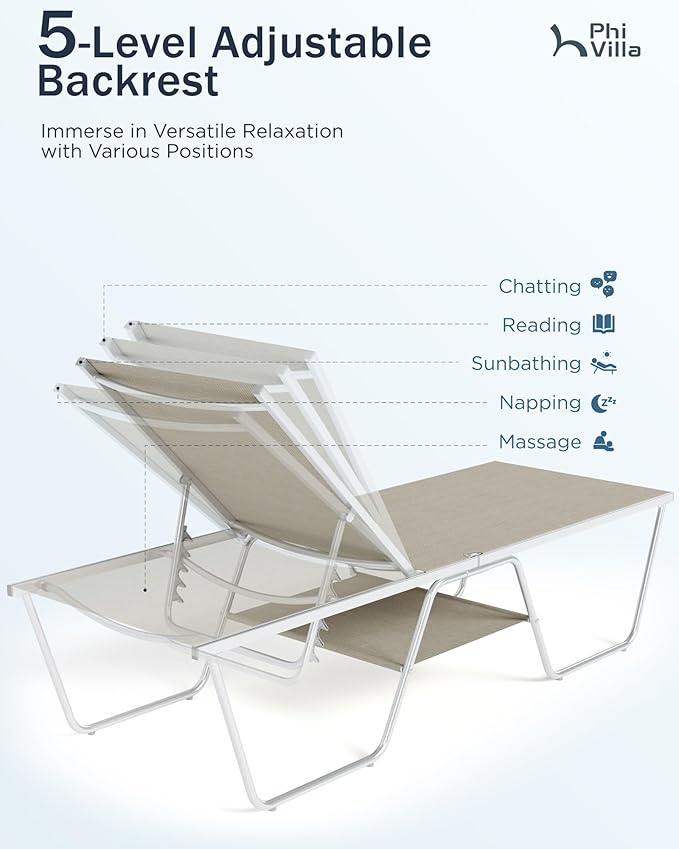 PHI VILLA 78" Oversized Outdoor Chaise Lounge Chair Set of 2, 27" Extra Wide Foldable, 5-Position Adjustable, UV50+ Textilene Mesh, Rust-Proof Aluminum Frame, Khaki Beige
