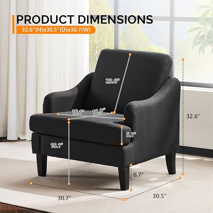 VINGLI Linen Fabric Accent Chairs Set of 2, Black Modern Upholstered Armchair, Comfy Sofa Chair Living Room Bedroom Furniture for Apartment