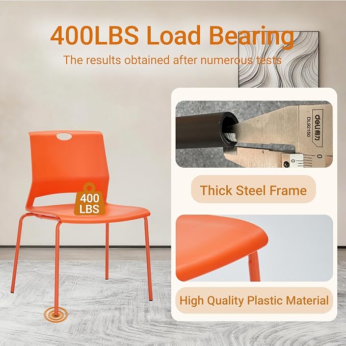 Sidanli Stackable Office Chairs, Orange Guest Chairs with Comfortable Streamline Seat, Stacking Chairs No Wheels for Conference Room, Set of 4.