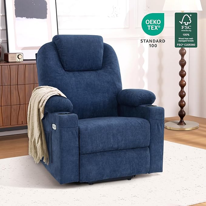 MCombo Small Power Lift Recliner Chair for Elderly, Petite Power Lift Chair with Heat and Massage for Seniors, Cup Holders, USB & Type C Ports, Fabric 7141 (Admiral)