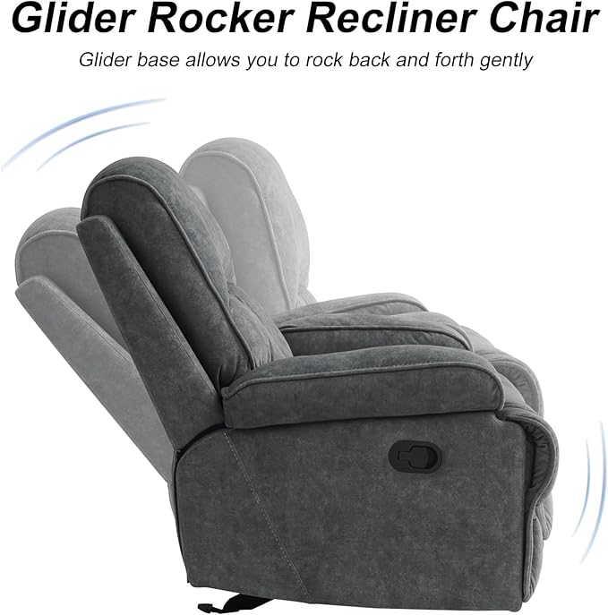KeyEnergy Manual Rocker Recliner Chair for Adults, High Back Glider with Deep Seat, Upholstered Fabric Armchair for Living Room & Nursery, Dark Grey