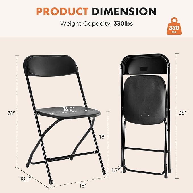 Sweetcrispy Folding Chair 16 Pack, Plastic Foldable Chairs with 330-Pound Capacity, Sturdy Metal Portable Chair, Easy to Use and Store, Outdoor and Indoor, for Home, Office, Party, Comfy, Black