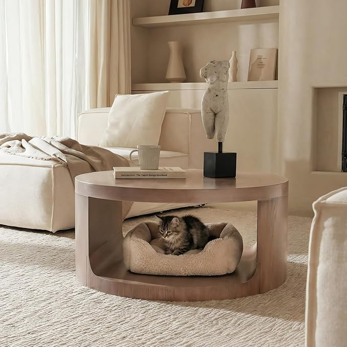 Veihaus Round Coffee Table with Storage, 31.5" Modern Living Room Table, 2 Tier Circle Wood Center Tables for Apartment, Living Room, Open-Style Storage Coffee Tables, 31.5"*15.7" (Dusty Pink)