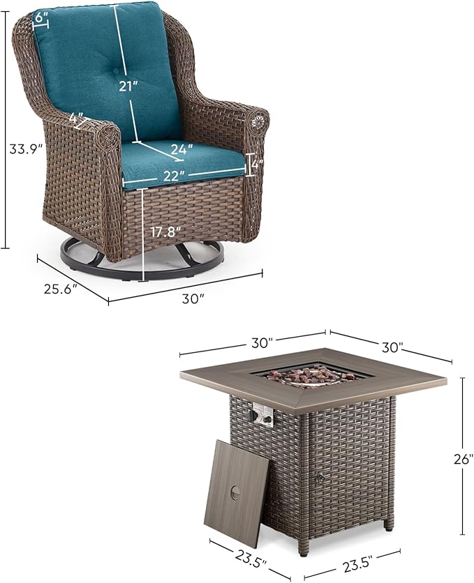 ACTREST Outdoor Patio Swivel Gliders with Fire Pit Table 5 Piece Set - High Back Brown Wicker Rattan Rocking Chair with Thick Cushion for Porch Apartment Deck Yard Poolside Garden - Peacock Blue