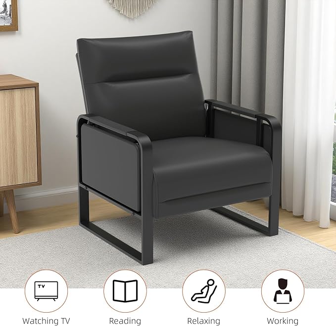 Upholstered Accent Sofas Set of 2, Modern Faux Leather Sofa Chairs with Foldable Side Tray Table & Storage Pocket, Small Accent Sofas for Living Room, Bedroom, Black