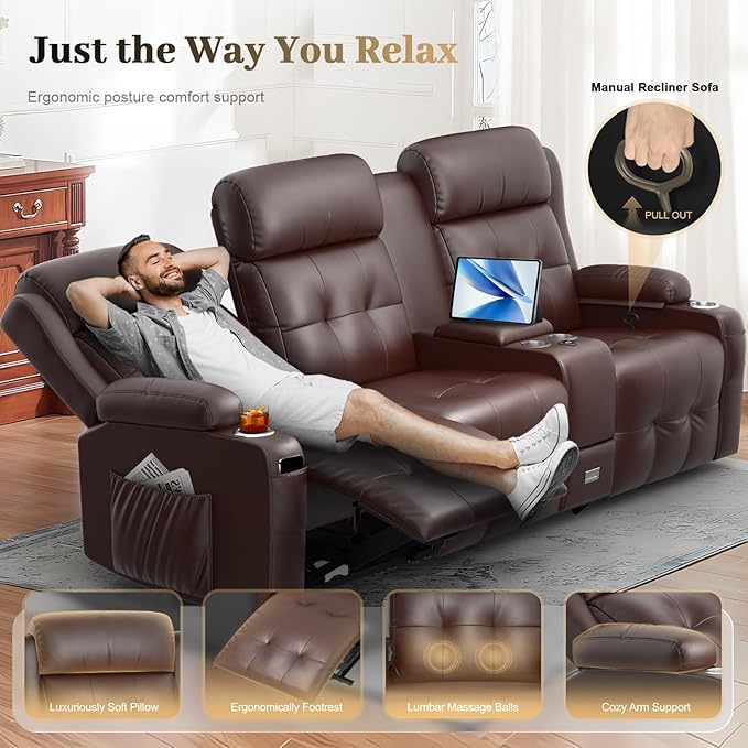 Aotolo Recliner Sofa, Massage Reclining Sofa 3 Seater Sets Heavy Weight Capacity, RV Loveseat Couch Clearance with Console, USB, Type C Port, Storage, Cup Holders, Wall Hugger Chair for Living Room