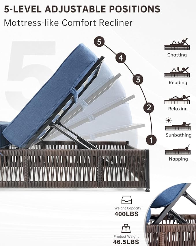 ACTREST Luxury Outdoor Chaise Lounge Chairs of 4 with 5 Inch Thick Cushions and Side Table - 6 PCS High Back Brown Wicker Patio Recliners Lounger Furniture Set for Poolside Sunbathing - Navy Blue